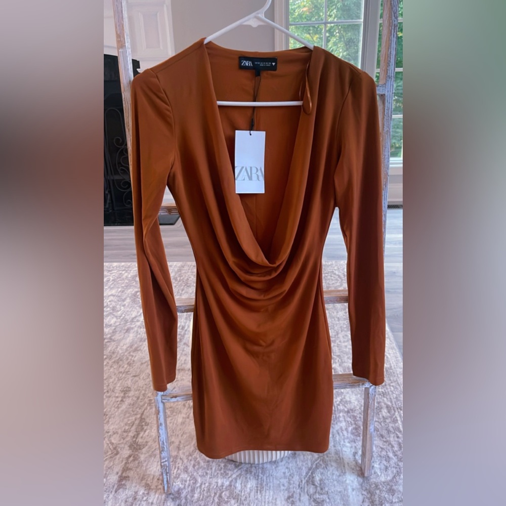 Zara Terracotta Draped Long Sleeve Dress